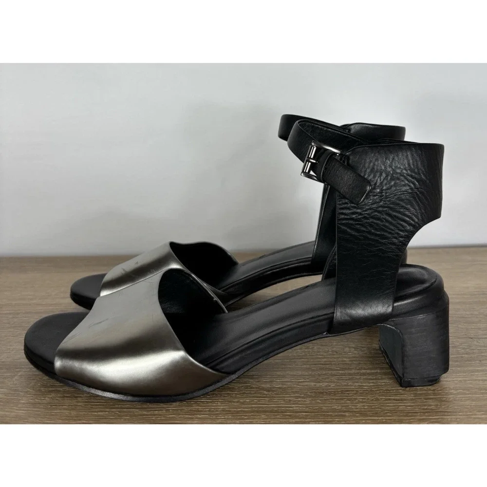 Eileen Fisher Vera Cuoio Leather Block Heel Sandals Pewter Black Womens 7.5